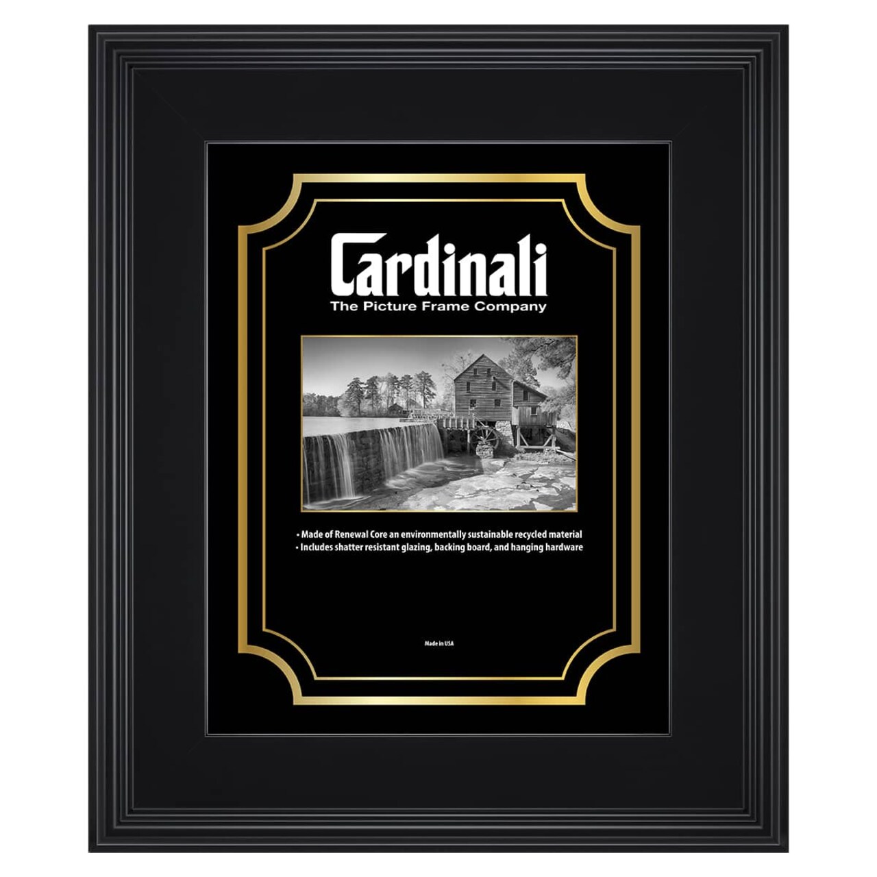 Cardinali Plein Air, Black 11x14" Picture Frame with Acrylic Glazing & Cardboard Backing, for Photography or Canvas Frame, 3 Wide Moulding, 1/2 Rabbet Depth, D-Ring Hangers Included